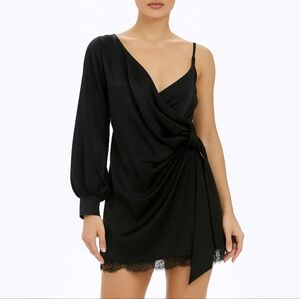 Missguided Peace + Love Dress Black Satin One Shoulder Gathered Mini Size 6 NEW